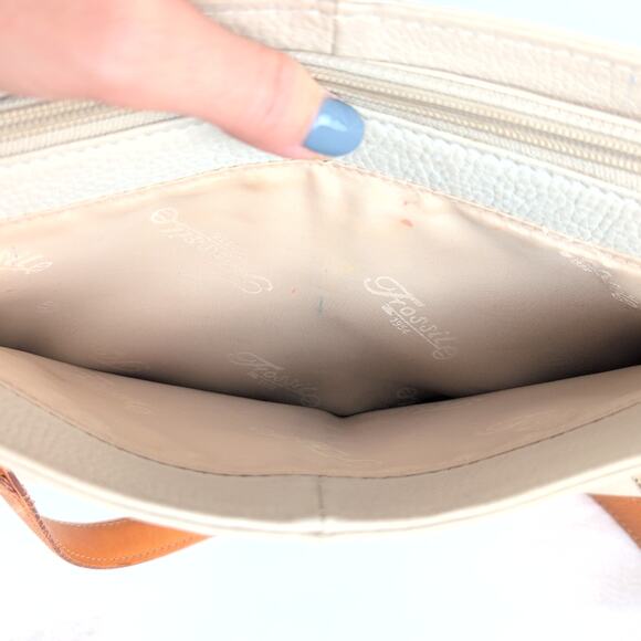 Y2K Early 2000's Fossil Satchel Purse Cream/Chestnut Handles Stitching - Picture 8 of 16
